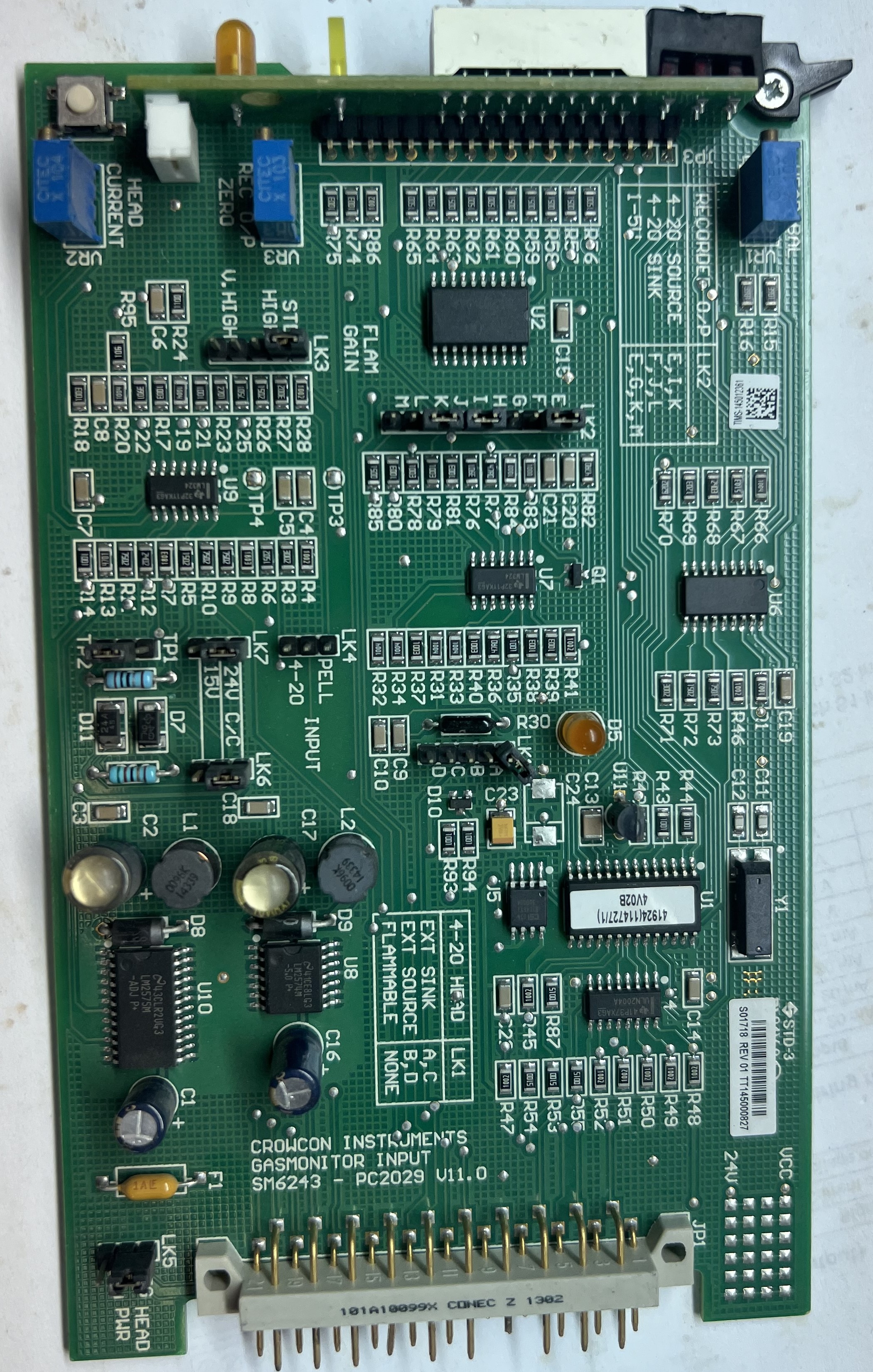 Crowcon sm6243-pc2029 v11.0 gas monitor input card  sm6243-pc2029 v11.0 crowcon instruments gasmonitor input so1718 966 re 24v pc2029 v11.0