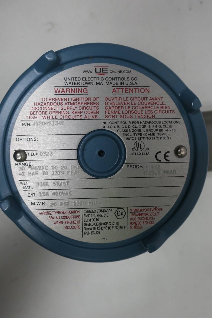 UE UNITED ELECTRIC J120-S134B 30HGVAC TO 20PSI 480V-AC PRESSURE SWITCH
